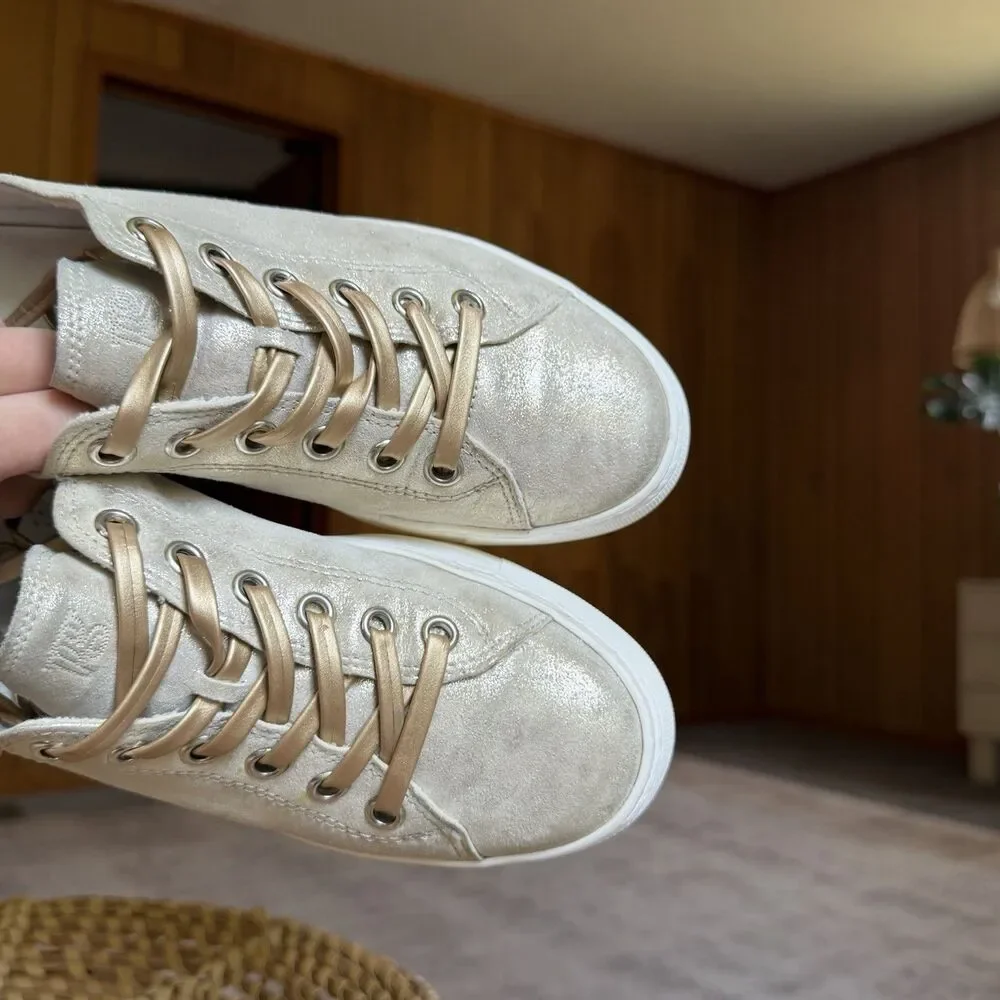 $420 Paul Green Hadley Platform Sneaker Leather Metallic Gold Beige UK 5.5 US 8